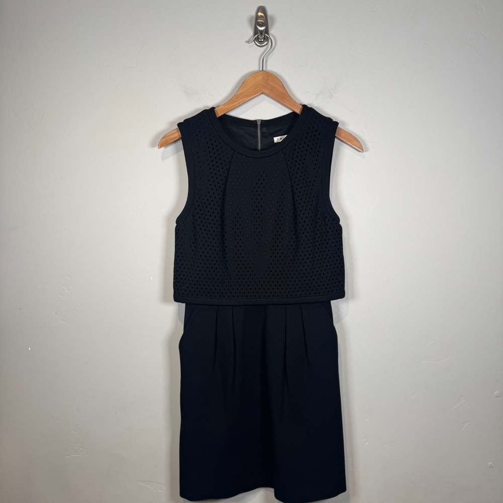 Trina Turk Jolina Mini Dress Black Eyelet Lined‎ Pockets Size 0 Sleeveless Short